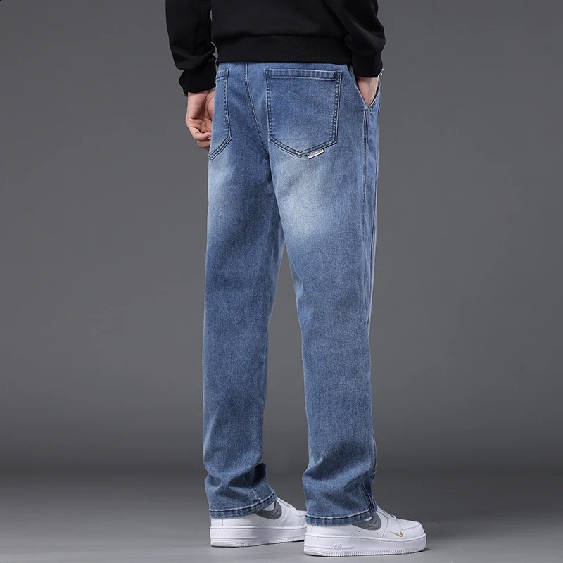 Autumn Winter Blue Jeans Men Drawstring Elastic Waist Cotton Cargo Denim Pants Work Fashion Thick Trousers Male Plus Size M4XL 251018