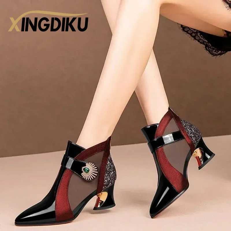 2024 Summer Mesh Breathable Sandals with Rhinestone Decoration Shaped Heels Retro British Style Sandals Leather Boots Women W251024