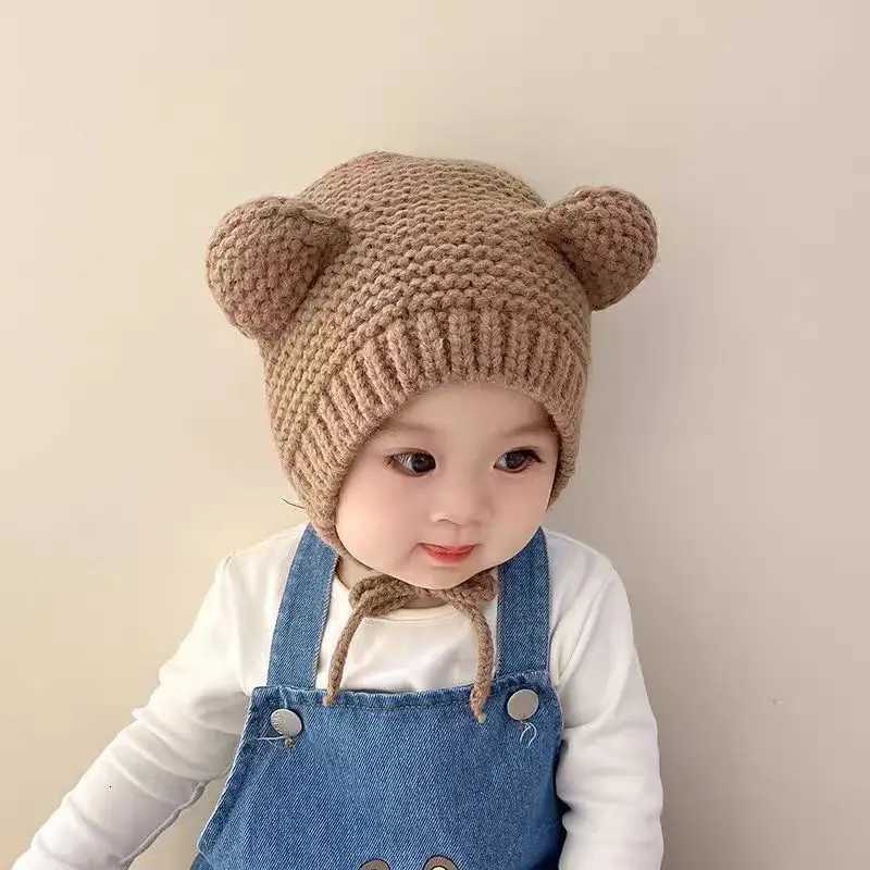 Cute Baby Ear Protection Kint Hat Winter Warm Kids Laceup Beanie Solid Color Wool Pullover Cap 624MonthInfant Headgear BonnetL251024