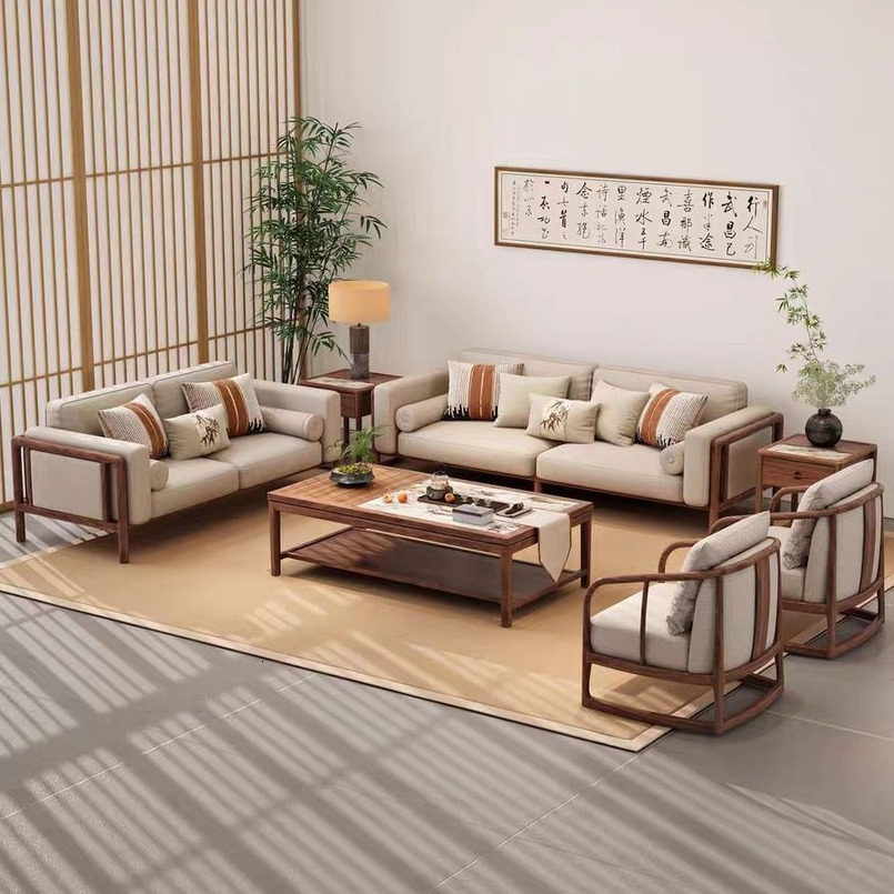 Black Walnut Solid Wood Sofa New Chinese Style Modern Minimalist Song Dynasty Aesthetic Living Room Large Apartment Combination Furniture