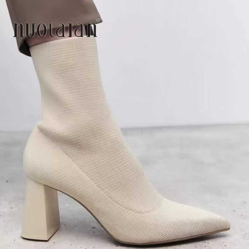 2025 Autumn Winter Knitted Stretch Fabric Socks Boots Women Low Heel Short Boots Pointed Toe Female Ankle Booties Size 42 W251024
