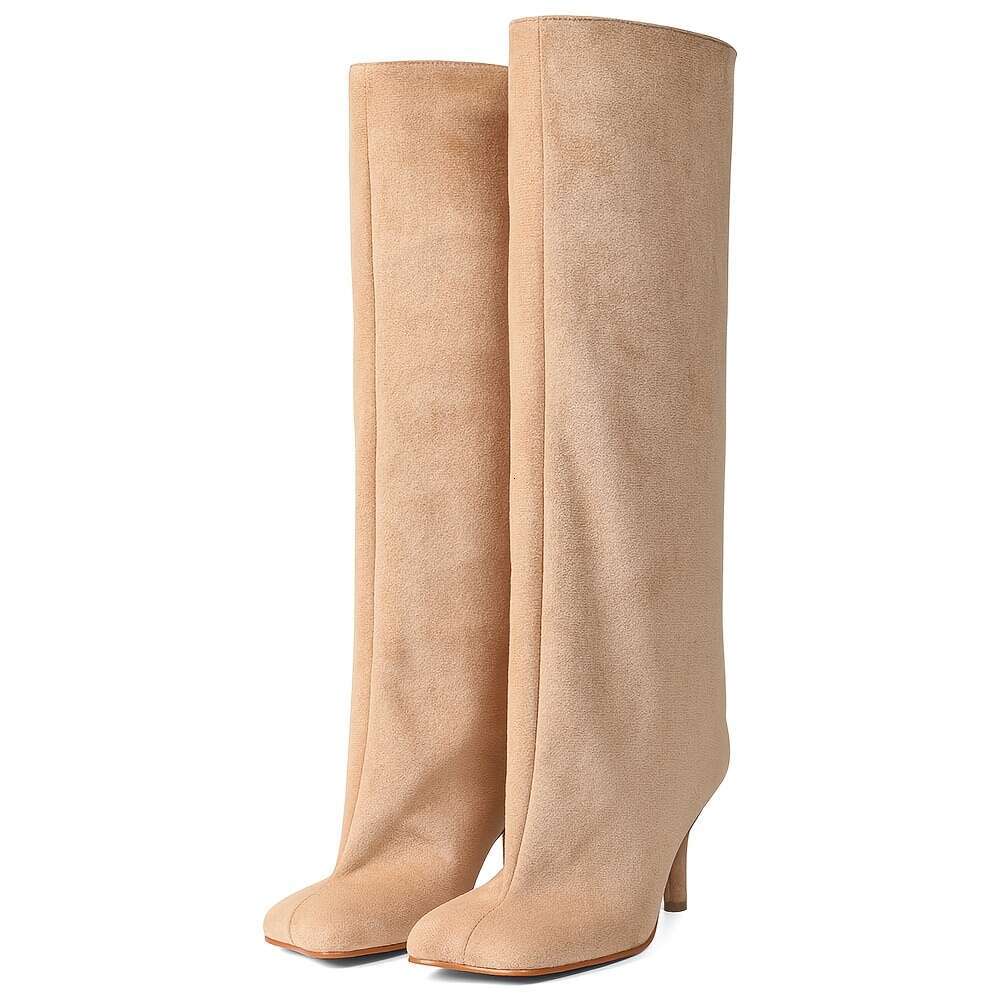 Knee High Women Square Toe Stiletto Heel Tall Wide Calf Long Heeled Slouchy Boots Winter Warm Walking Office Shoes