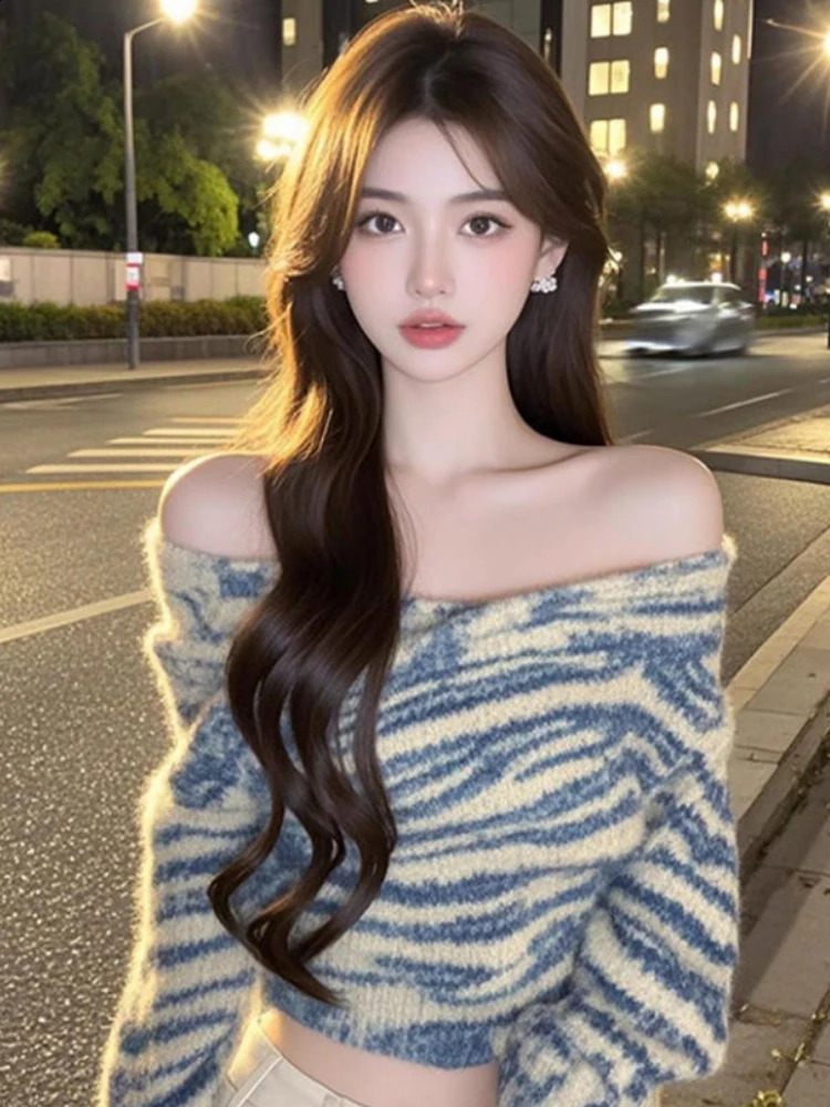 Fairy Sexy Stripe Slash Neck Cross Sweaters Vintage Women Grunge Bodycon Cropped Pullovers Y2k Aesthetic Casual Knitted Jumper 251023