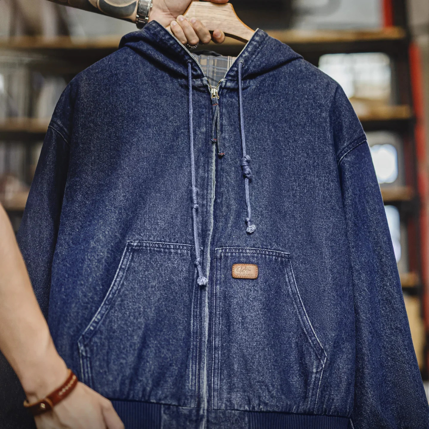 Maden Mens Retro J130 105oz Denim Jacket Heavyweight Washed Hooded Regular Fit Zip Workwear Coat with Pockets for Fall 251017