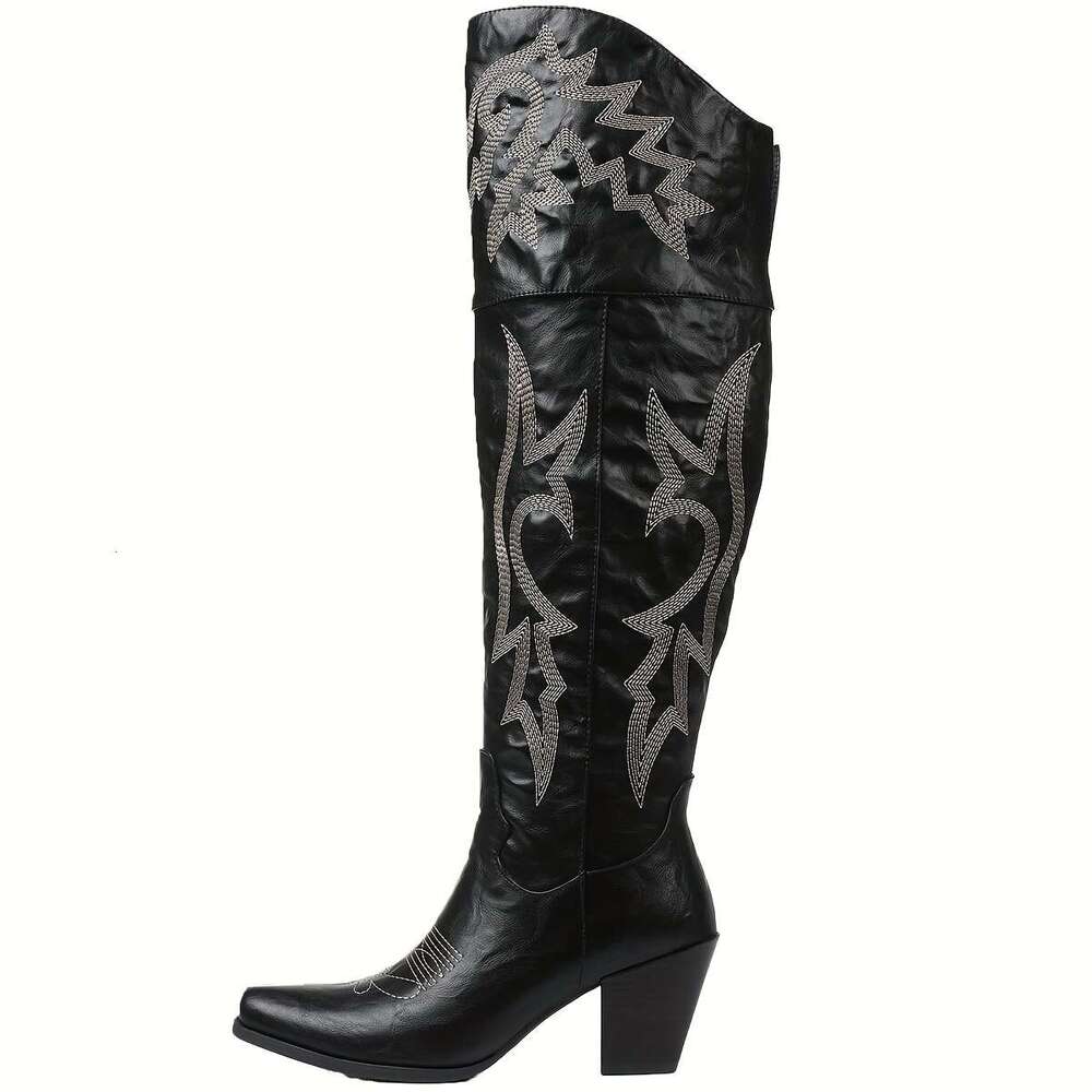 Cowgirl Western Knee High With Embroidery, Pointed Toe And Chunky Heel, Zipper Boots, Retro Outdoor Cowboy Boots For Women