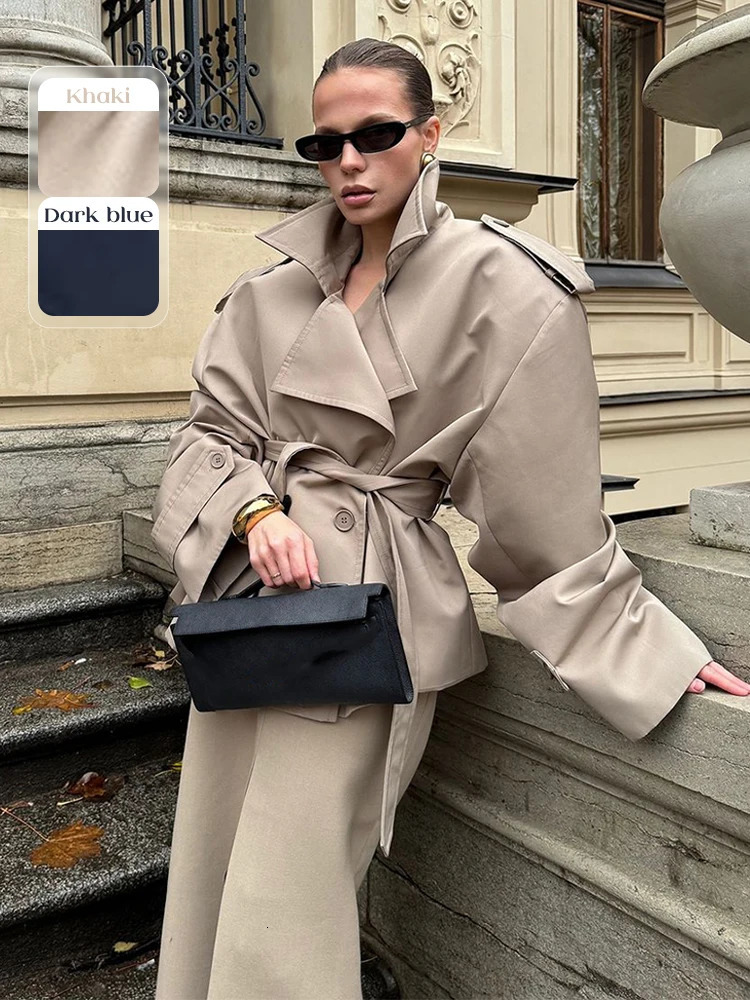 Elegant Lace Up Solid Overcoat Women Chiclapel Collar Button Full Sleeve Loose Coat Autumn Female Street Oversize Outerwear 251021