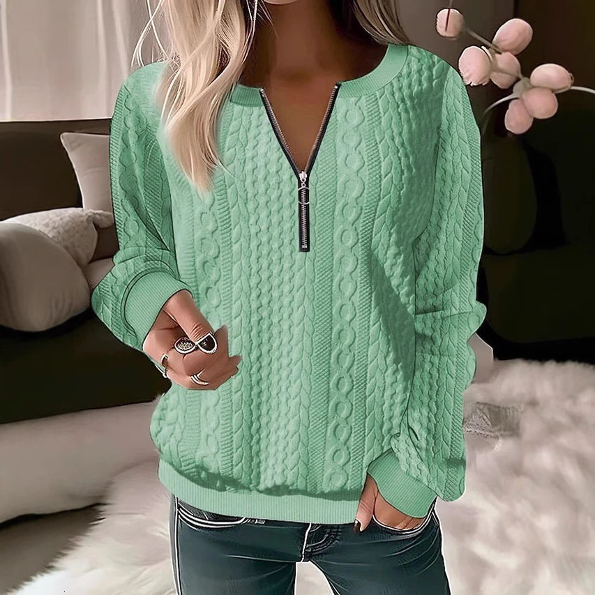 2025 Autumn Winter New Women's Long Sleeve Solid Color V-neck Zipper T-shirt Top