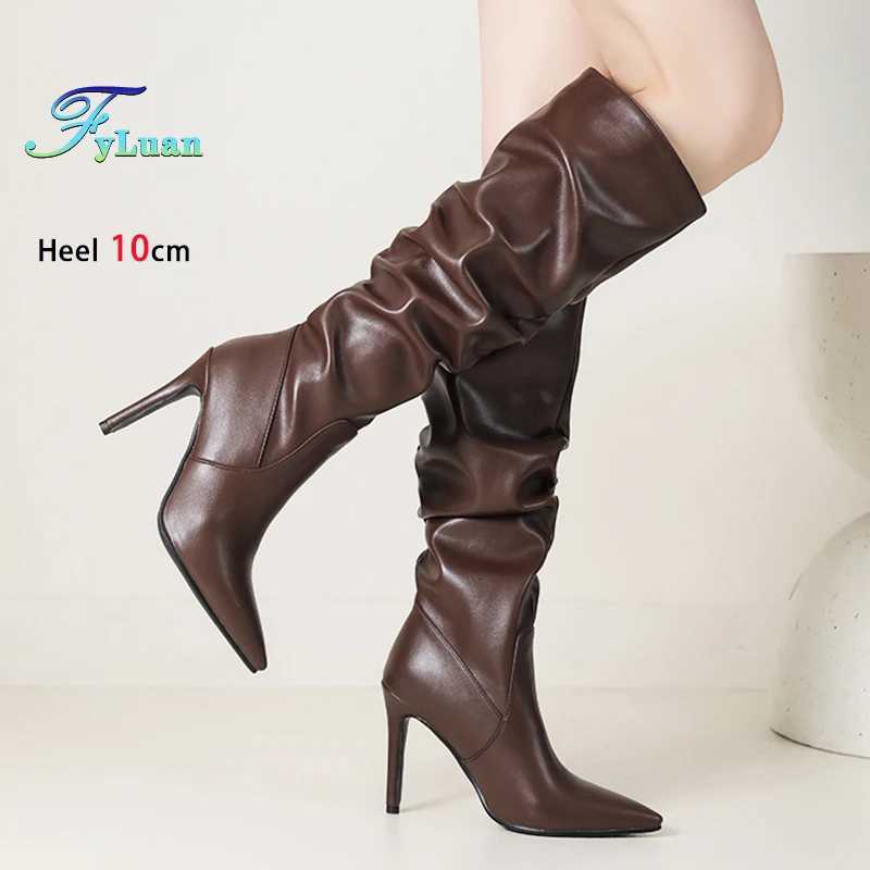 2025 Winter Knee Boots With Heels Woman 10CM Stiletto Fashion Slip on Pointy Autumn Shoes Women Soft Leather Pleated Long Boots W251024