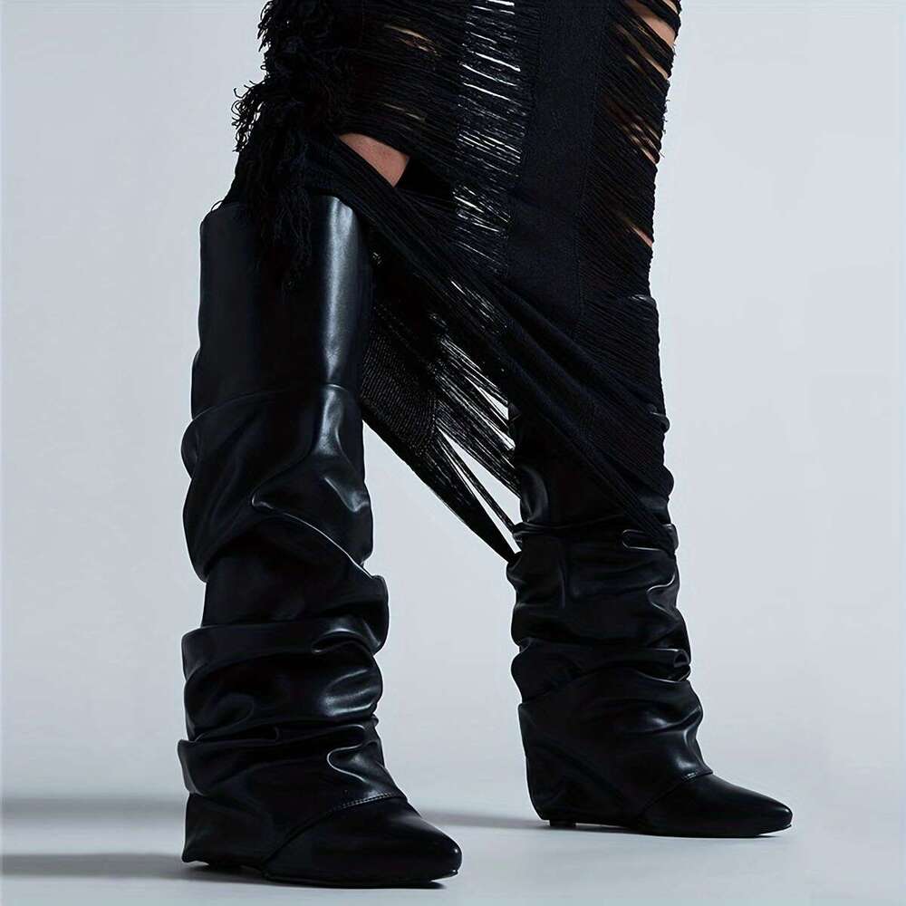 Knee Shark For Women, Fold Over Ruched Slouchy Pleated With Wedge High Heels Pointed Toe Pull On Mid Calf Boots