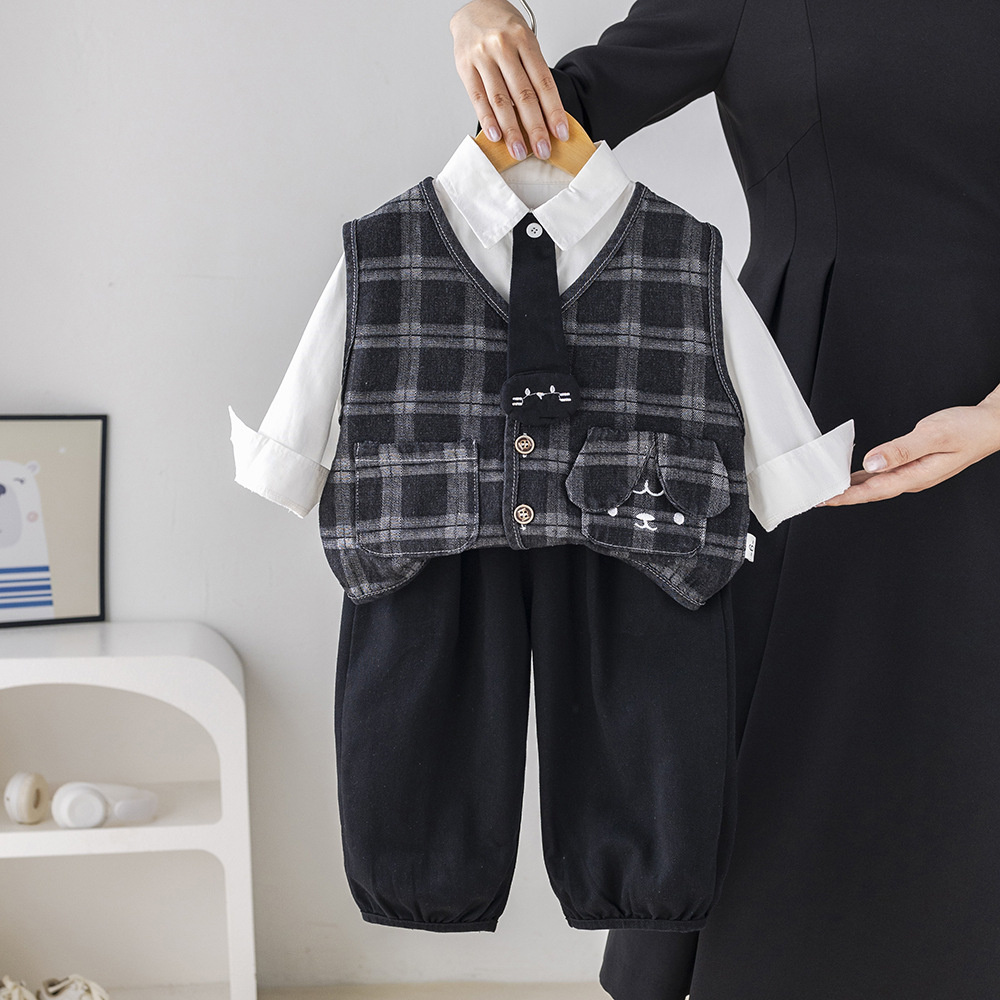 Toddler Boys 3-Piece Outfit, Plaid and Denim Vest Set with Tie for Spring & Autumn