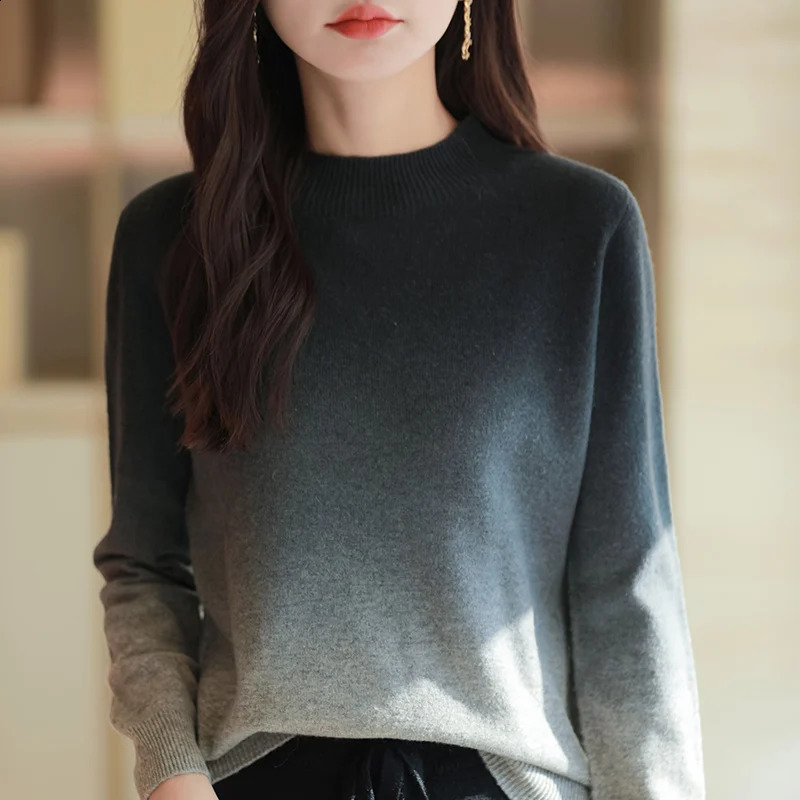 Women Fine Wool Thickening Sweater Outwear Gradient Mock Collar Pullover Autumn Winter Bottoming Casual Warm Knitting Tops 251023