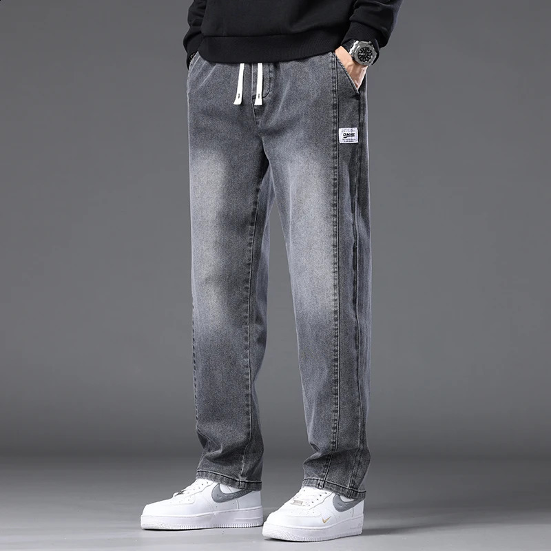 Autumn Winter Blue Jeans Men Drawstring Elastic Waist Cotton Cargo Denim Pants Work Fashion Thick Trousers Male Plus Size M4XL 251018
