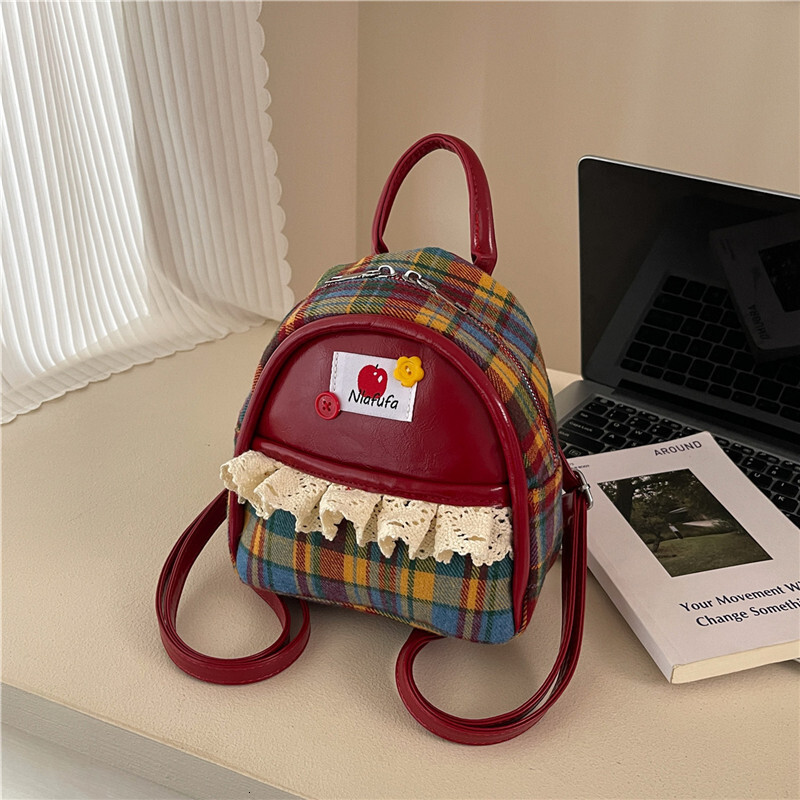 New designer women's bag English style checkered backpack cute lace color blocked girl parent-child PU small backpack