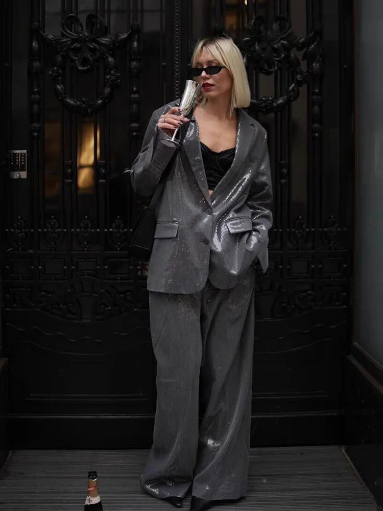 HH Women 2 Piece Suit Long Sleeves Lapel Pocket Sequins Decorate Single Breasted BlazersHigh Waist Zipper Side Pockets Pant 251023