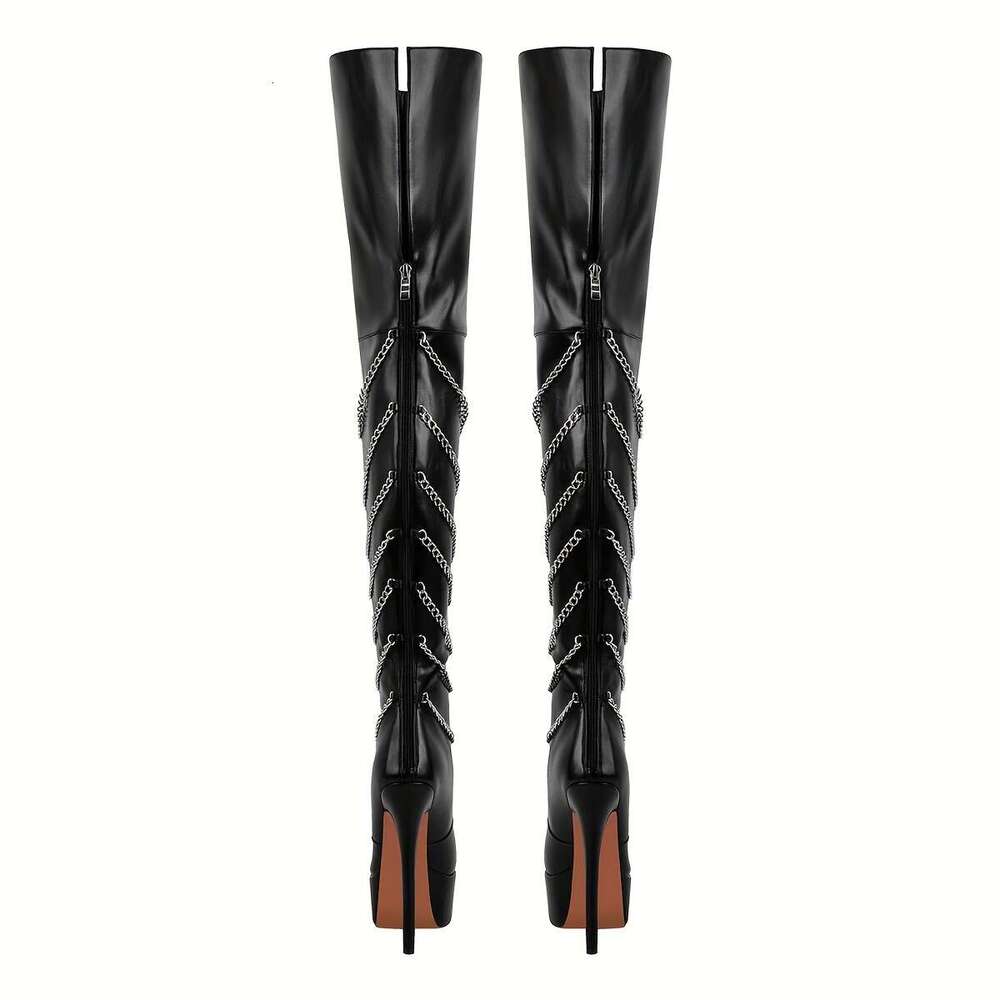 Women's Black Faux Cover Over-The-Knee With Metallic Chain Straps, Stiletto Side Zipper Closure - Stylish Thigh-High Platform For Fashion & Parti