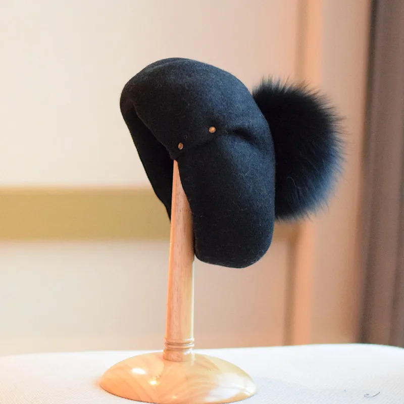 Beret Women Winter Wool Hat Real Fur Pompom Warm Ski Accessory For Autumn Cold Weather Sport Outdoor Holiday 251023