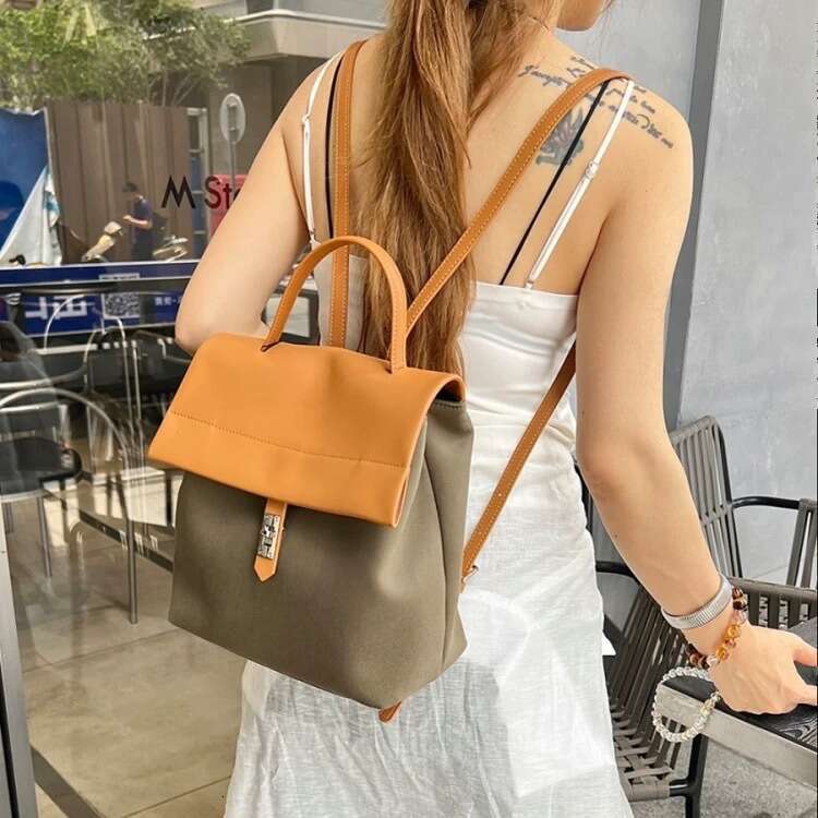 Korean Niche College Style Large Capacity Block Handbag Casual Versatile Contrast Color Simple Bag Backpack High Quality