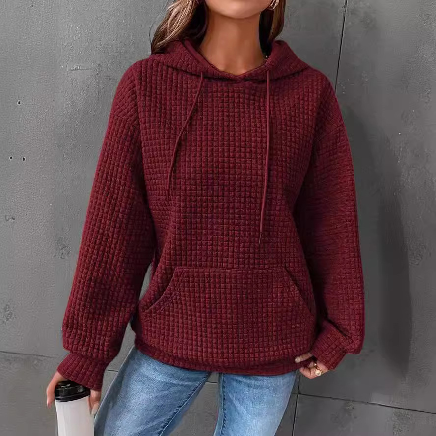 Autumn Winter Women's New Style Small Plaid Round Neck Hooded Long Sleeve Sweatshirt Solid Color Top for Women