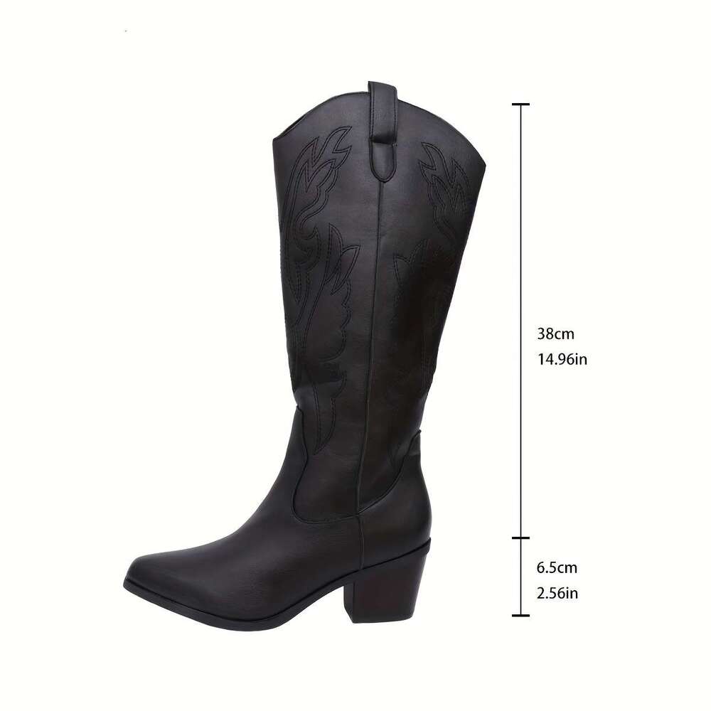 Elegant Women's Black Mid-Calf Floral Eming - Comfortable Chunky Heel, Easy Slip-On, Casual Outdoor Fashion With Rubber Sole And Fabric Lining, H