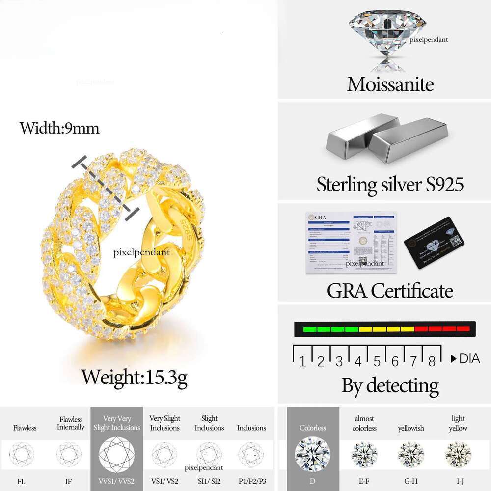 Wholesale Bg Hip Hop Jewelry 9mm Gold Plated Sterg Sier VVS Moissanite Dia Iced Out Cuban Band Ring For Men