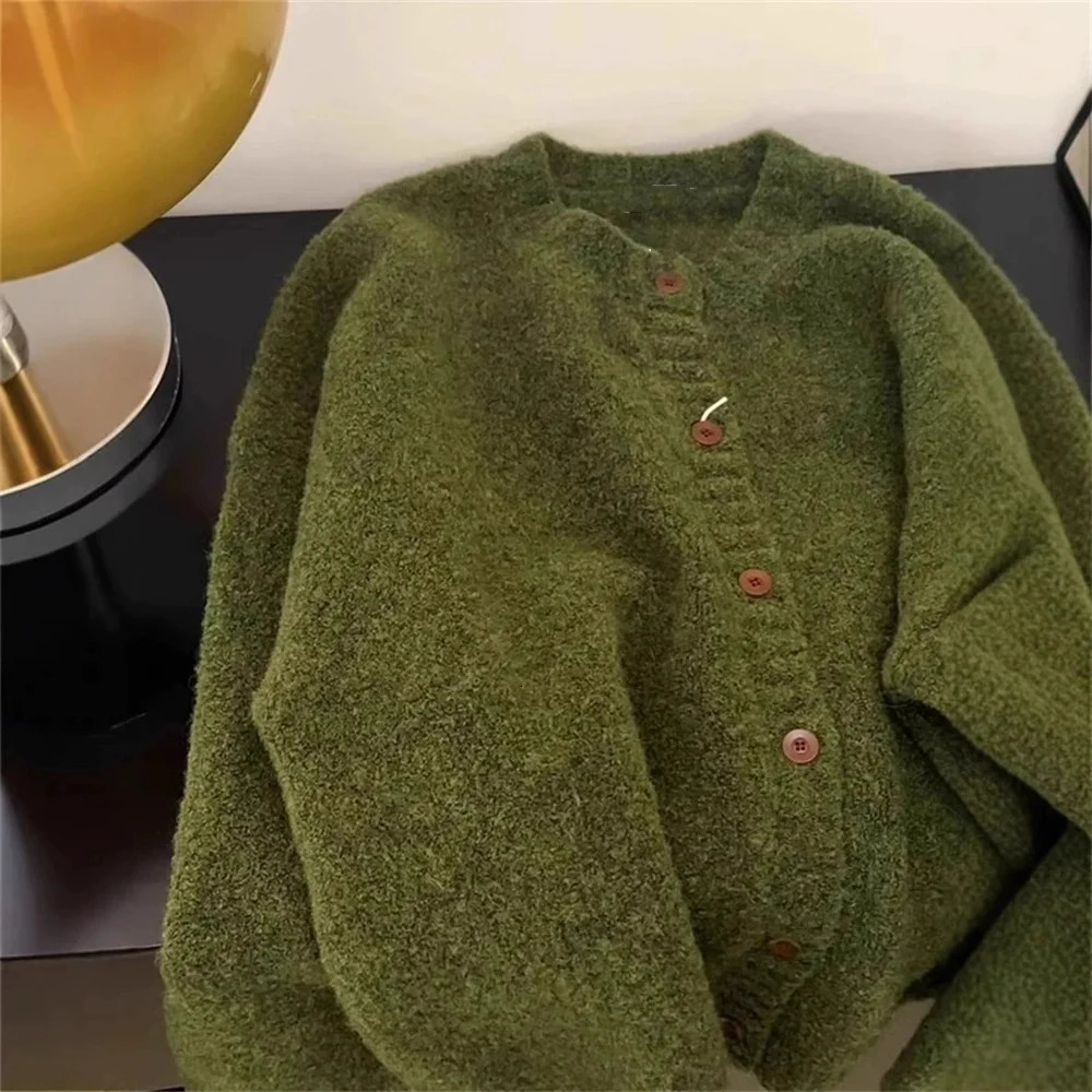 Retro Green Knitted Cardigan Womens Autumn Winter Round Neck Single Breasted Soft Thick Sweater Loose Casual Basic Coat 251013
