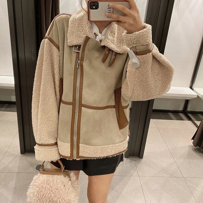 Womens Fashion Stitching Faux Leather Lamb Jacket With Zipper Decoration Stand Collar Thickening Warm Winter 251021