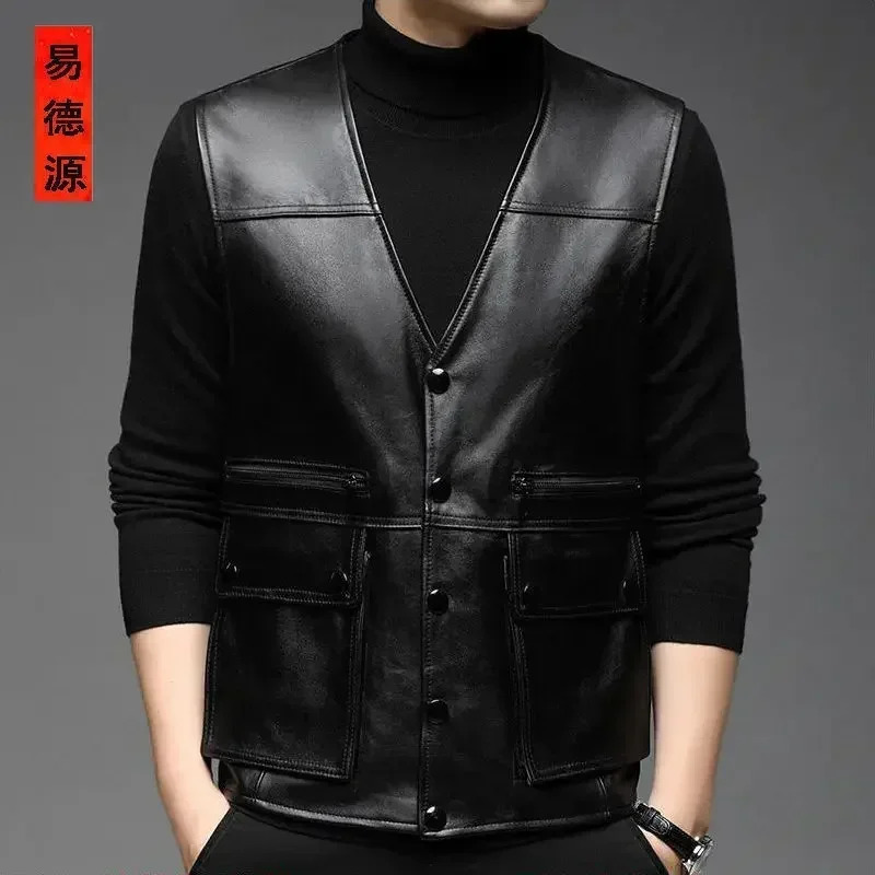 Genuine Leather Motorcycle Vest for Men Sheepskin Leather Biker Jacket Bullet Proof Safety Man Vest Male Coat men clothing 251020