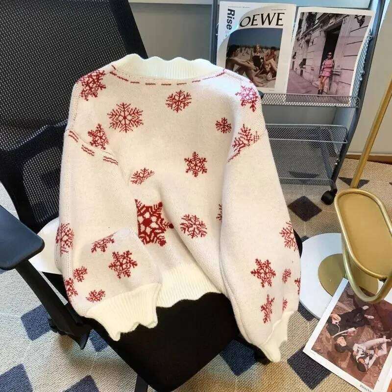 Christmas Knitted Sweaters For Women Vintage Fashion Long Sleeve Jumpers Print Loose V Neck New Autumn Winter Pullovers