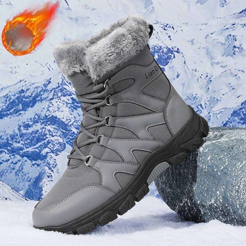 New Mens Winter Warm Plush Mid-Calf Outdoor Anti-Slippery Waterproof Snow Boots Fashion Cotton Shoes For Men