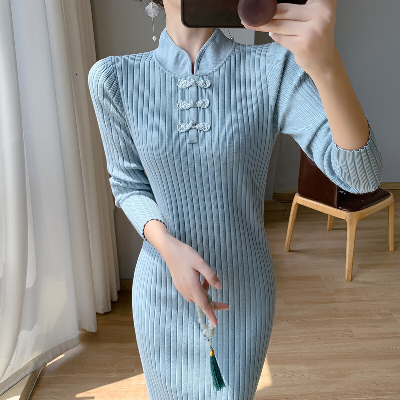 Autumn and Winter New Women's Designer Knitted Sweater Dress Medium Retro Cheongsam Style Button Closed Slimming Dress