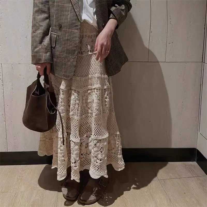2025 Crochet Long Semi Skirt Women Lace Version of Gentle Heavy Industry Retro Hollow Elastic Knitted Ashaped 251013