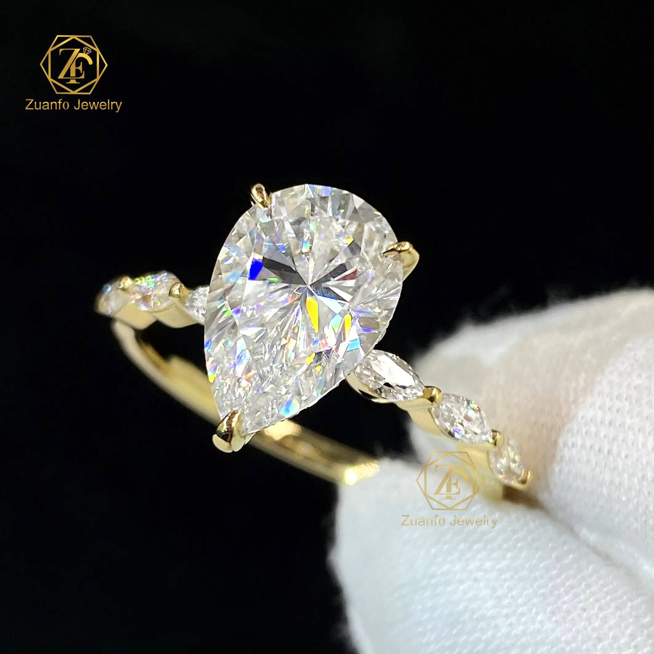 GRA Certificated Pear Cut VVS 14K 18K Solid Gold Moissanite Gem Stone Rings Elegant Rings for Women