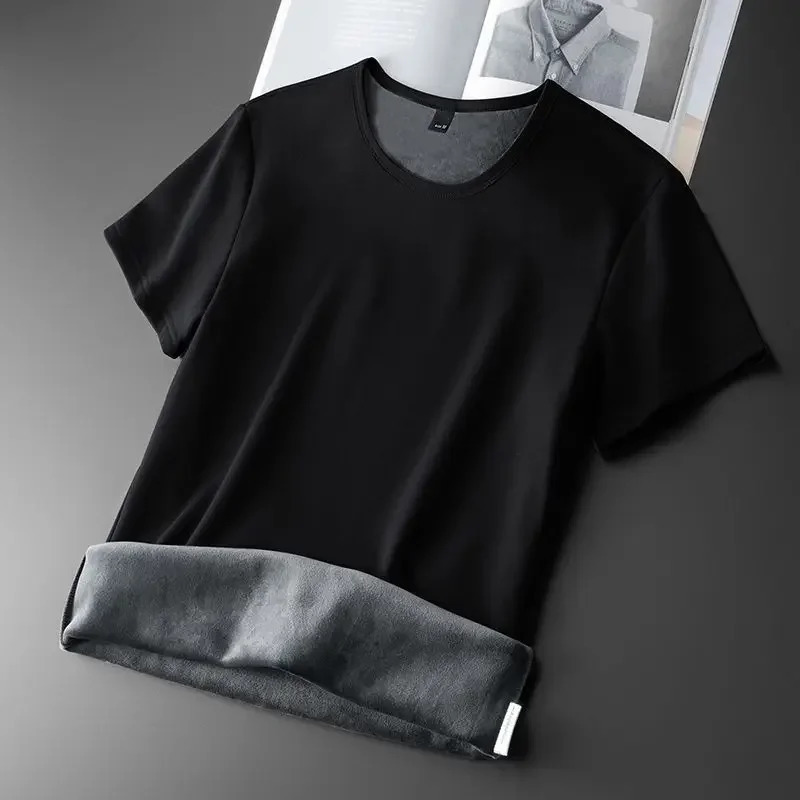 Men Thermal Underwear Tops Fleece Thickened Short Sleeve Slim Round Neck Bottom Shirt Velvet Comfortable Warm Solid Pullover 251018