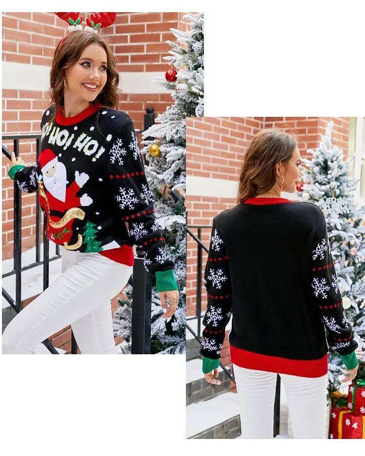 Large Size 3Xl Christmas Santa Print Women's Knit Sweater Full Sleeve Loose Knitwear Warm Soft Jumpers Female Xmas Look Pullover