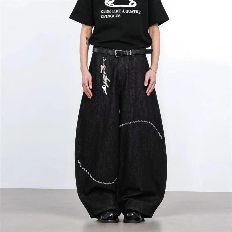 Mens Autumn Winter Korean Jeans Flared Slimming Black Embroidered Solid Denim Wide Leg Trendy n Pant Versatile 251018