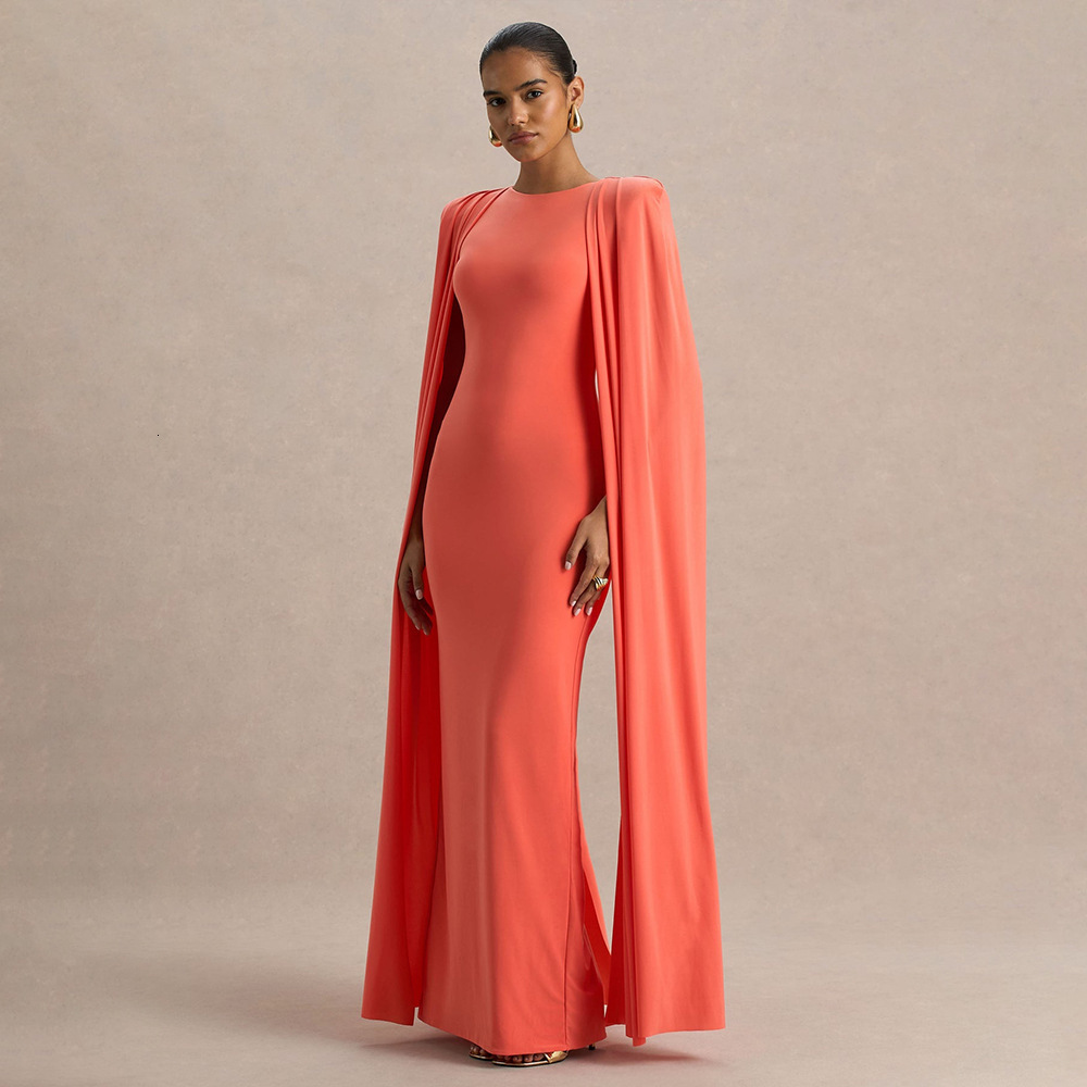European and American designer style autumn and winter new banquet party women's evening dress solid color round neck pleated shawl slim and eleg