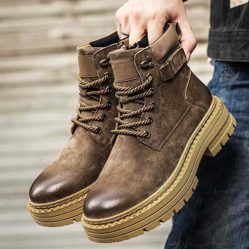 Suede Leather Hightop Shoes for Men Versatile Leisure Walk Ankle Boots Outdoor Mens Motorcycle Boots NonSlip Walking Shoes W251024