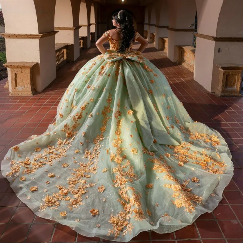 Mint Green Beading Crystal Quinceanera Dresses Ball Gown Gold 3D Floral Lace Bow Sweet 15 Anos Mexican
