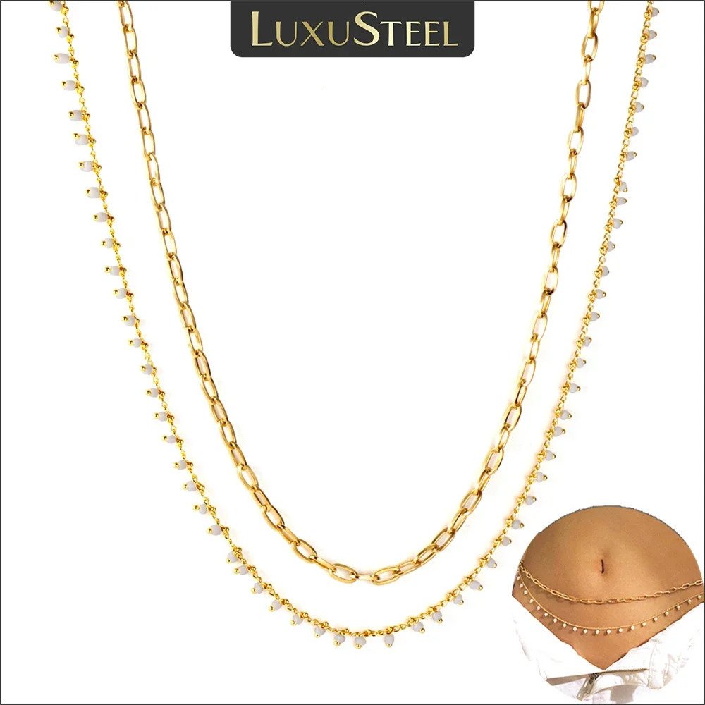 LUXUSTEEL Bohemian White Beads Belly Chains for Women Waist Stainless Steel Gold Plated Double Thin Chain Y2K Body Jewelry 251023