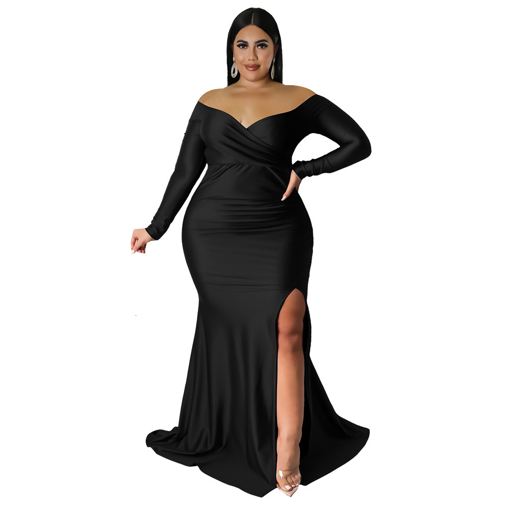 European and American designer plus size women's sexy dress nightclub V-neck formal solid color slit long skirt autumn and winter