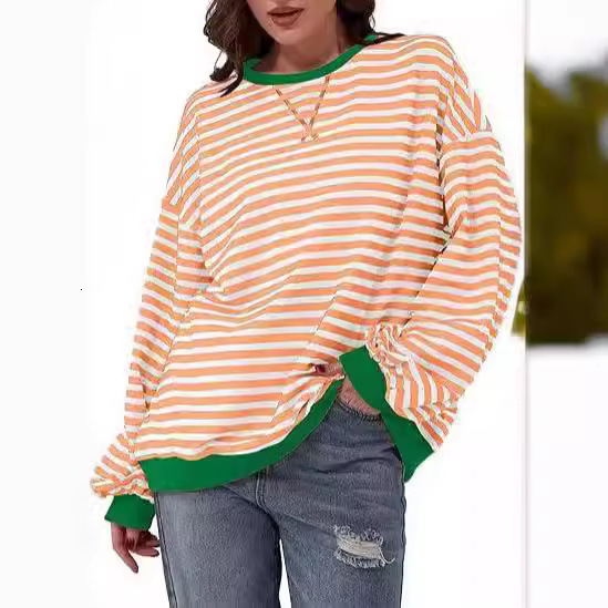 2025 Autumn Winter New Season Simple Home Casual Loose Striped Pattern Round Neck Long Sleeve Pullover Color Block T-Shirt