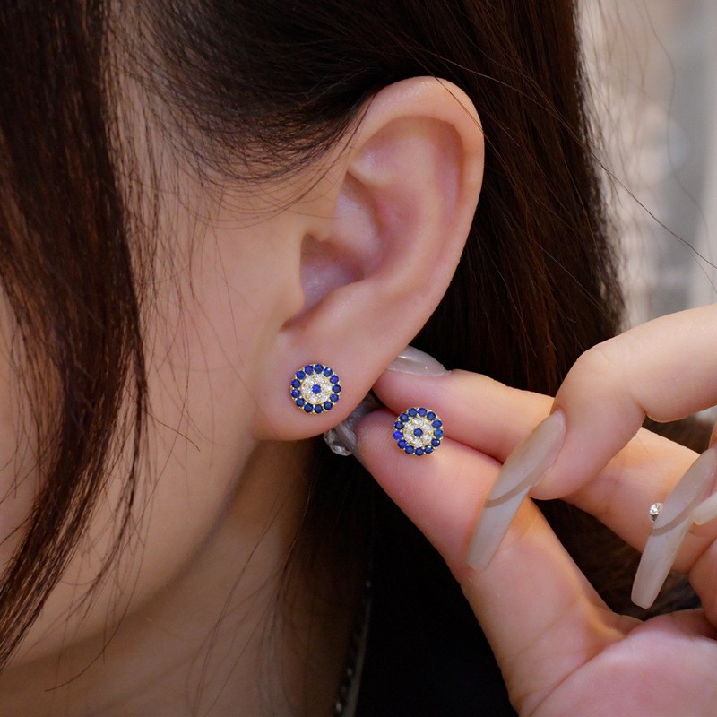 Luxury earrings 18K gold plated S999 sterling silver Devil's Eye earrings with blue diamond inlaid sparkling diamond geometric ring earrings Desi