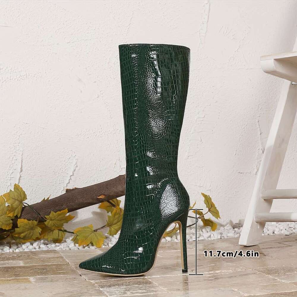 1Pr Elegant Crocodile Pattern Knee-High For Women All-Season Zippered Stiletto Heels With Pointed Toe, Polyurethane Upper, Fabric Lining, Rubber Sole 