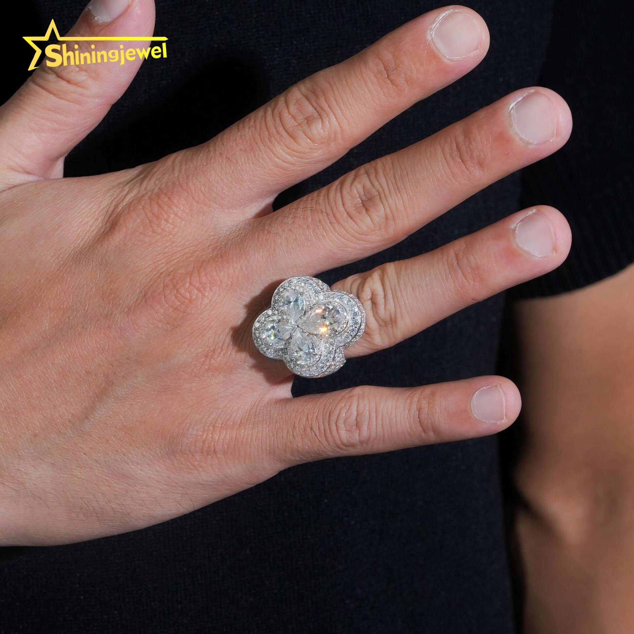 Trendy Women Men Wedding Rings Fine Jewelry GRA Certificated Silver 925 Clover Style Iced Out VVS Moissanite Ring