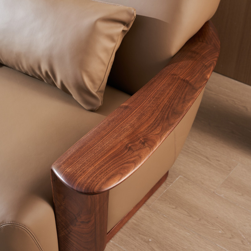 Black Walnut Solid Genuine Leather Natural Wood Style Nordic Living Room Four-Seater Single-Seater Combination Sofa