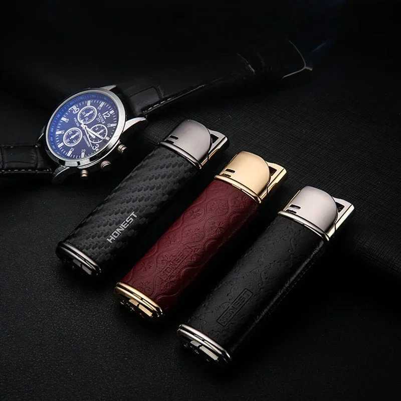HONEST Jet Torch Lighter Butane Gas Leather Metal Cigar Lighters With Gift Box Cigarette lighter Without Gas D251024