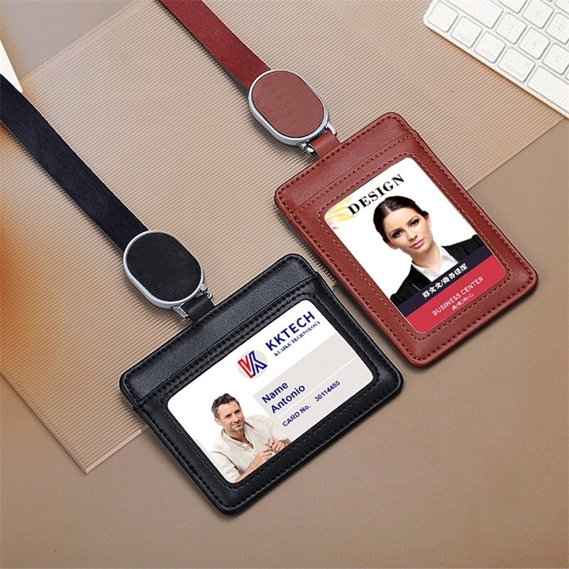 2025 Real Leather Work Card Cases ID Certificate Holder with Retractable Badge Reel Lanyard 251023