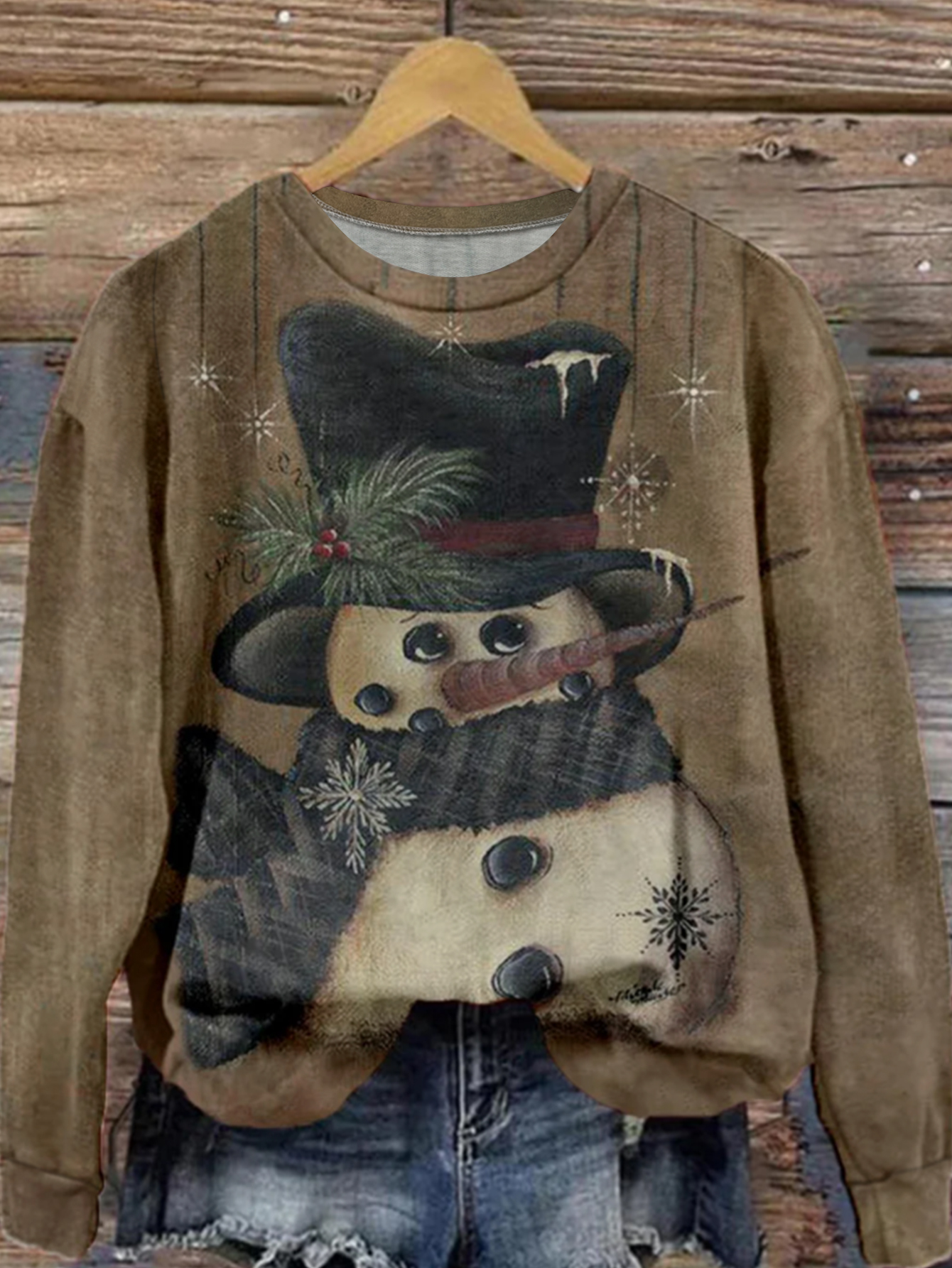 Vintage Brown Christmas Snowman Printed Women's Long Sleeve Sweatshirt, Milk Silk Casual Office Top, S-XXL Deep Brown--CF42041