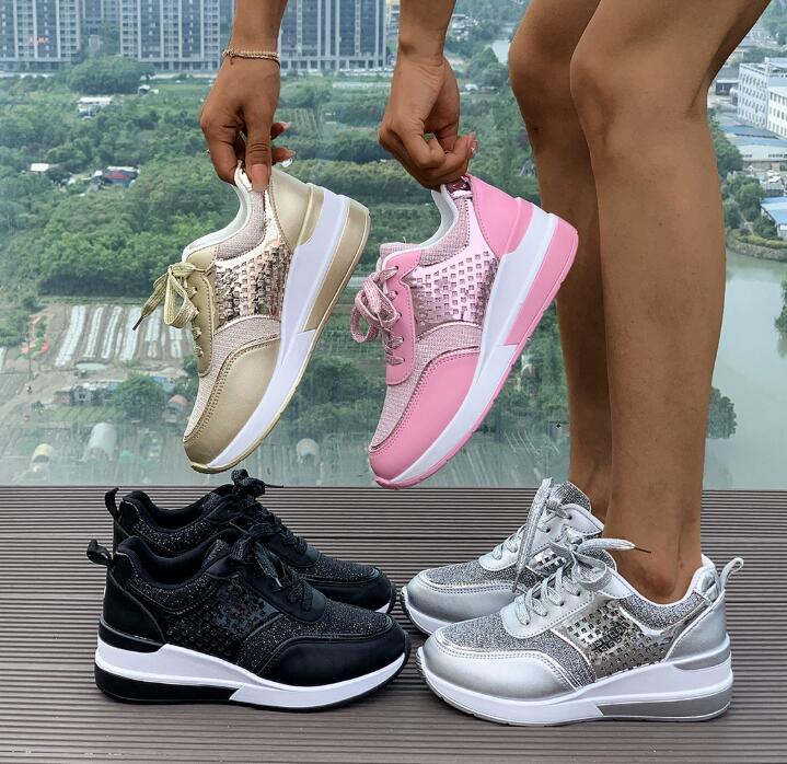 European and American women's wedge heel thick soled sports shoes in large size breathable sequins round toe straps spring and autumn new casual 