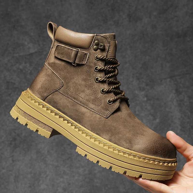Suede Leather Hightop Shoes for Men Versatile Leisure Walk Ankle Boots Outdoor Mens Motorcycle Boots NonSlip Walking Shoes W251024